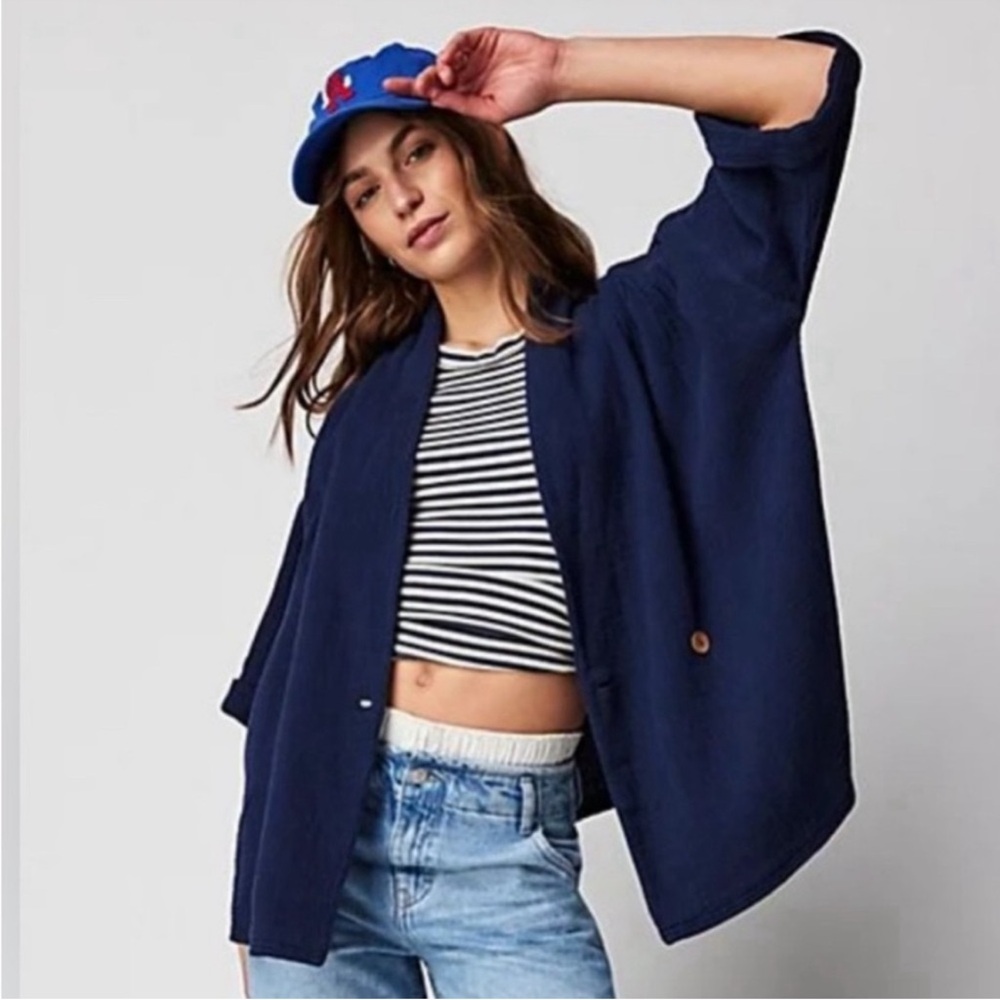 We The Free Lou Blazer Shirt Navy Blue Oversized Slouchy Cardigan Boho Cotton S - Picture 3 of 16